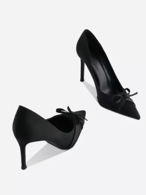Satin High Heel Pumps Pointed Toe Bow Slip On Party Shoes