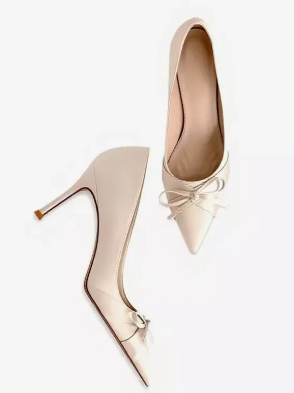 Satin High Heel Pumps Pointed Toe Bow Slip On Party Shoes