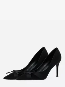 Satin High Heel Pumps Pointed Toe Bow Slip On Party Shoes