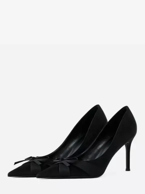 Satin High Heel Pumps Pointed Toe Bow Slip On Party Shoes