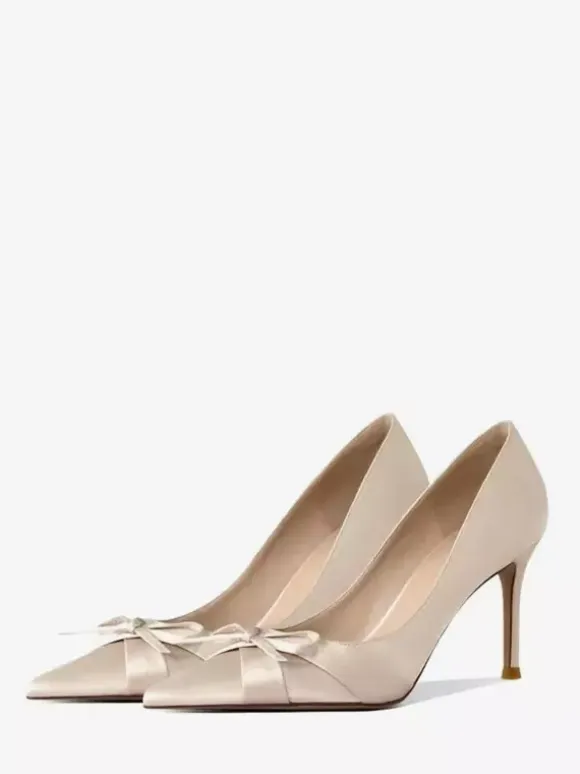 Satin High Heel Pumps Pointed Toe Bow Slip On Party Shoes