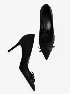 Satin High Heel Pumps Pointed Toe Bow Slip On Party Shoes