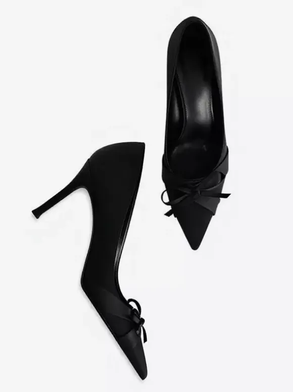 Satin High Heel Pumps Pointed Toe Bow Slip On Party Shoes