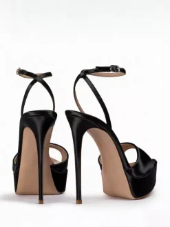 Satin High Heel Sandals Black Open Toe Ankle Strap Party Shoes