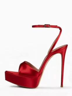 Satin High Heel Sandals Black Open Toe Ankle Strap Party Shoes