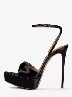 Satin High Heel Sandals Black Open Toe Ankle Strap Party Shoes