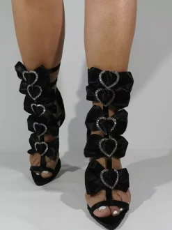 Satin High Heel Sandals Plus Size Black Open Toe Rhinestones Bow Strappy Party Shoes
