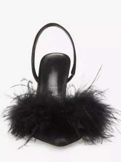 Satin High Heels Faux Feather Pointed Toe Slingback Pumps For Women