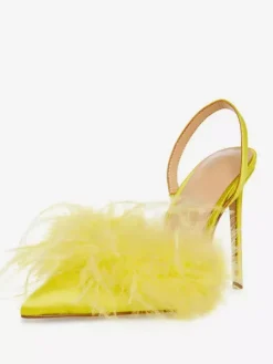 Satin High Heels Faux Feather Pointed Toe Slingback Pumps For Women