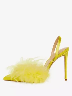 Satin High Heels Faux Feather Pointed Toe Slingback Pumps For Women