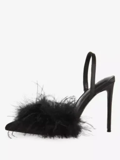 Satin High Heels Faux Feather Pointed Toe Slingback Pumps For Women