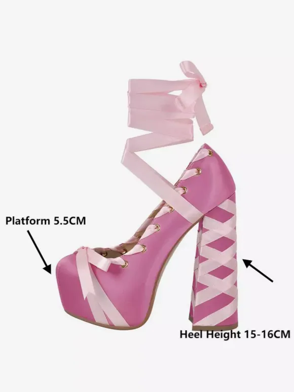 Satin High Heels Platform Round Toe Lace Up Chunky Heel Pumps