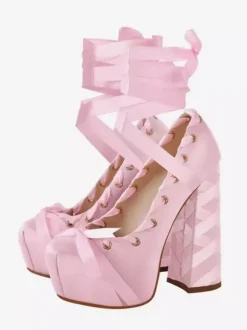 Satin High Heels Platform Round Toe Lace Up Chunky Heel Pumps