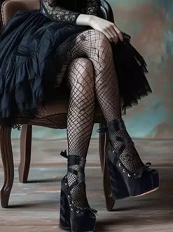 Satin High Heels Platform Round Toe Lace Up Chunky Heel Pumps