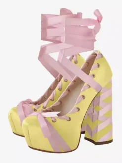 Satin High Heels Platform Round Toe Lace Up Chunky Heel Pumps
