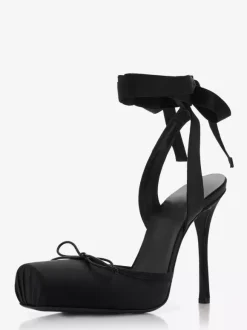 Satin High Heels Square Toe Bow Lace Up Ballet Pumps For Women 2026
