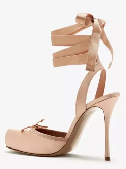 Satin High Heels Square Toe Bow Lace Up Ballet Pumps For Women 2026