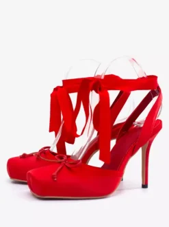 Satin High Heels Square Toe Bow Lace Up Ballet Pumps For Women 2026