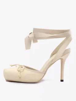 Satin High Heels Square Toe Bow Lace Up Ballet Pumps For Women 2026