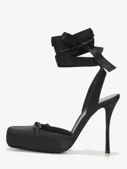 Satin High Heels Square Toe Bow Lace Up Ballet Pumps For Women 2026