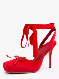 Satin High Heels Square Toe Bow Lace Up Ballet Pumps For Women 2026