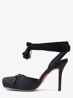 Satin High Heels Square Toe Bow Lace Up Ballet Pumps For Women 2026