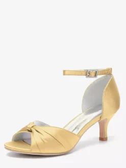 Satin Kittern Heel Pumps Women's Open Toe Ruched Ankle Strap Bridal Shoes