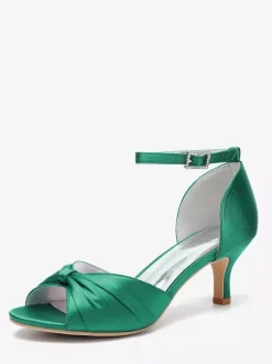 Satin Kittern Heel Pumps Women's Open Toe Ruched Ankle Strap Bridal Shoes