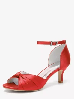 Satin Kittern Heel Pumps Women's Open Toe Ruched Ankle Strap Bridal Shoes