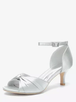 Satin Kittern Heel Pumps Women's Open Toe Ruched Ankle Strap Bridal Shoes