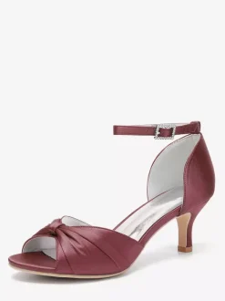 Satin Kittern Heel Pumps Women's Open Toe Ruched Ankle Strap Bridal Shoes