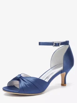 Satin Kittern Heel Pumps Women's Open Toe Ruched Ankle Strap Bridal Shoes