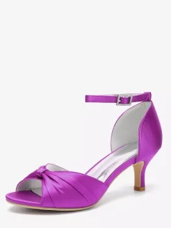 Satin Kittern Heel Pumps Women's Open Toe Ruched Ankle Strap Bridal Shoes
