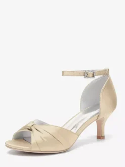 Satin Kittern Heel Pumps Women's Open Toe Ruched Ankle Strap Bridal Shoes