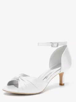 Satin Kittern Heel Pumps Women's Open Toe Ruched Ankle Strap Bridal Shoes