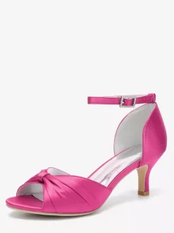 Satin Kittern Heel Pumps Women's Open Toe Ruched Ankle Strap Bridal Shoes
