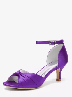 Satin Kittern Heel Pumps Women's Open Toe Ruched Ankle Strap Bridal Shoes