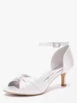Satin Kittern Heel Pumps Women's Open Toe Ruched Ankle Strap Bridal Shoes