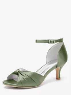 Satin Kittern Heel Pumps Women's Open Toe Ruched Ankle Strap Bridal Shoes