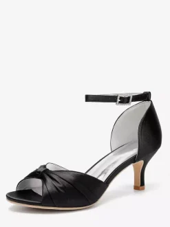 Satin Kittern Heel Pumps Women's Open Toe Ruched Ankle Strap Bridal Shoes