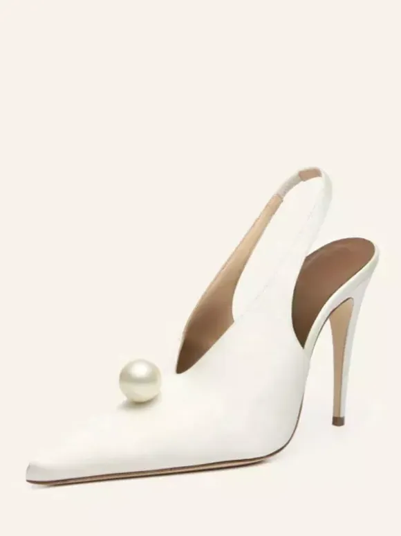 Satin Party Shoes For Women Pointed Toe Pearls Slingback Pumps