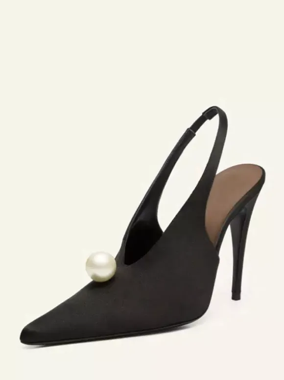 Satin Party Shoes For Women Pointed Toe Pearls Slingback Pumps