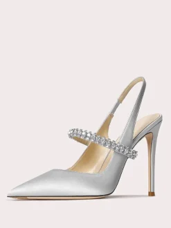 Satin Prom Shoes Black Rhinestones Pointed Toe Stiletto Heel Slingback Pumps