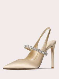 Satin Prom Shoes Black Rhinestones Pointed Toe Stiletto Heel Slingback Pumps
