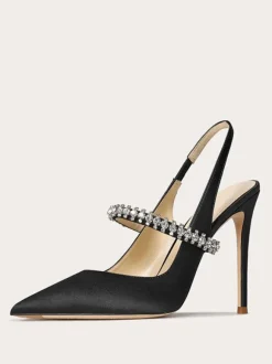 Satin Prom Shoes Black Rhinestones Pointed Toe Stiletto Heel Slingback Pumps