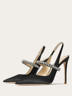 Satin Prom Shoes Black Rhinestones Pointed Toe Stiletto Heel Slingback Pumps