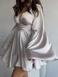 Satin Skater Dress Deep V-neck Long Bell Sleeve Pleated Spring Sexy Mini Swing Dress For Women 2026