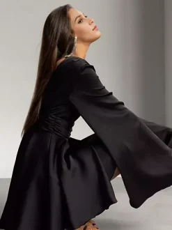Satin Skater Dress Deep V-neck Long Bell Sleeve Pleated Spring Sexy Mini Swing Dress For Women 2026