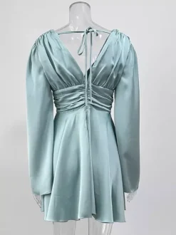 Satin Skater Dress Deep V-neck Long Bell Sleeve Pleated Spring Sexy Mini Swing Dress For Women 2026