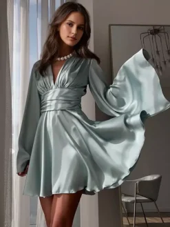 Satin Skater Dress Deep V-neck Long Bell Sleeve Pleated Spring Sexy Mini Swing Dress For Women 2026